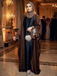 Embroidered Beaded Satin 3D Butterfly Embroidered Kimono, Minimalist Elegant Robe Spring - Brown - View 2