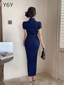 [Y6Y] Đầm ôm sát cổ polo cài nút, đầm midi dáng ôm eo thanh lịch cổ điển dành cho nữ, mùa xuân/hè - Màu xanh hải quân - Xem 2