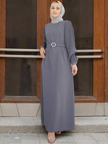 Modest Women's Grey Pleated Puff Sleeve Maxi Abaya With O Ring Belt Islamic Formal Long Spring - Grey - View 11