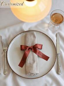 Personalized Ribbon Place Setting, Custom Name Bow Wedding Dining Table Decor | Satin Napkin Tie | Wedding Place Setting Bow | Plate Bow Name Tag - Multicolor - View 7
