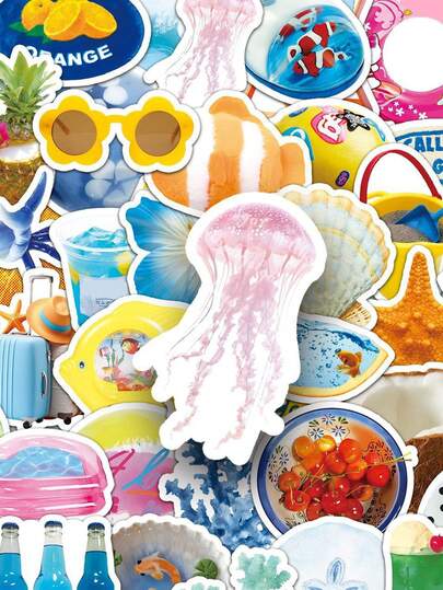 50pcs Beach And Seaside Coastal Stickers Vintage Cute Aesthetics Stickers Ins Funny Stickers Summer Stickers For Water Bottle, Guitar, Luggage, Phone, Case, Laptop, Skateboard, Gift
