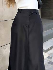 女士纯色直筒长裙，休闲聚会，时尚外出装扮，纯色休闲优雅纽扣女士长裙单件装，适合办公室、海滩、旅行、机场等场合，春夏皆宜。 - 黑色 - 查看 8