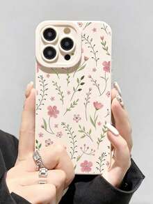 1pc Fashion Creative Full-Screen Pink Flower & Green Leaf Painted Pattern TPU Shockproof Phone Case, Suitable As Holiday Gift Compatible With Apple Xs/Xsmax/Xr/11/12/13/14/14plus/15/15plus/16/16plus/17/17pro/7/8plus And Other Models - Multicolor - View 3