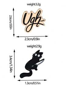 2件套趣味小众黑猫持刀胸针，Ugh字母设计，个性化表达时尚配饰徽章套装 - 彩色 - 查看 4