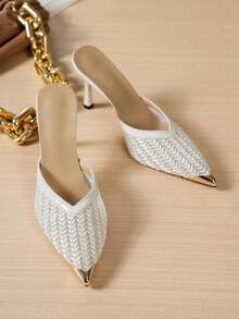 女士尖头高跟鞋，时尚网面魅力性感透气优雅高跟鞋，金属点缀派对鞋 - 米色 - 查看 2