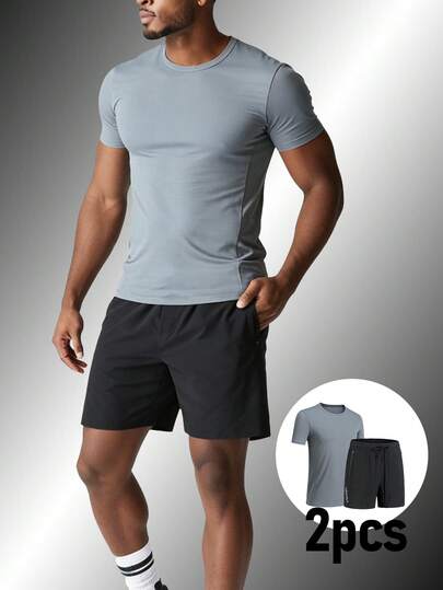 Men's Summer Sports Suit, Breathable Crew Neck Short Sleeve Shirt, Running Exercise Sports Shorts, Casual Summer Sportswear Set