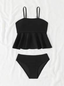 Tween Girls Knit Bikini Sets, Special Fabric, Spaghetti Strap, Cropped Tank Top Design, European & American Fashion, Minimalist Influencer Style, 2-Piece Swimwear Set, Suitable For Summer, Vacation, Beach - Black - View 2