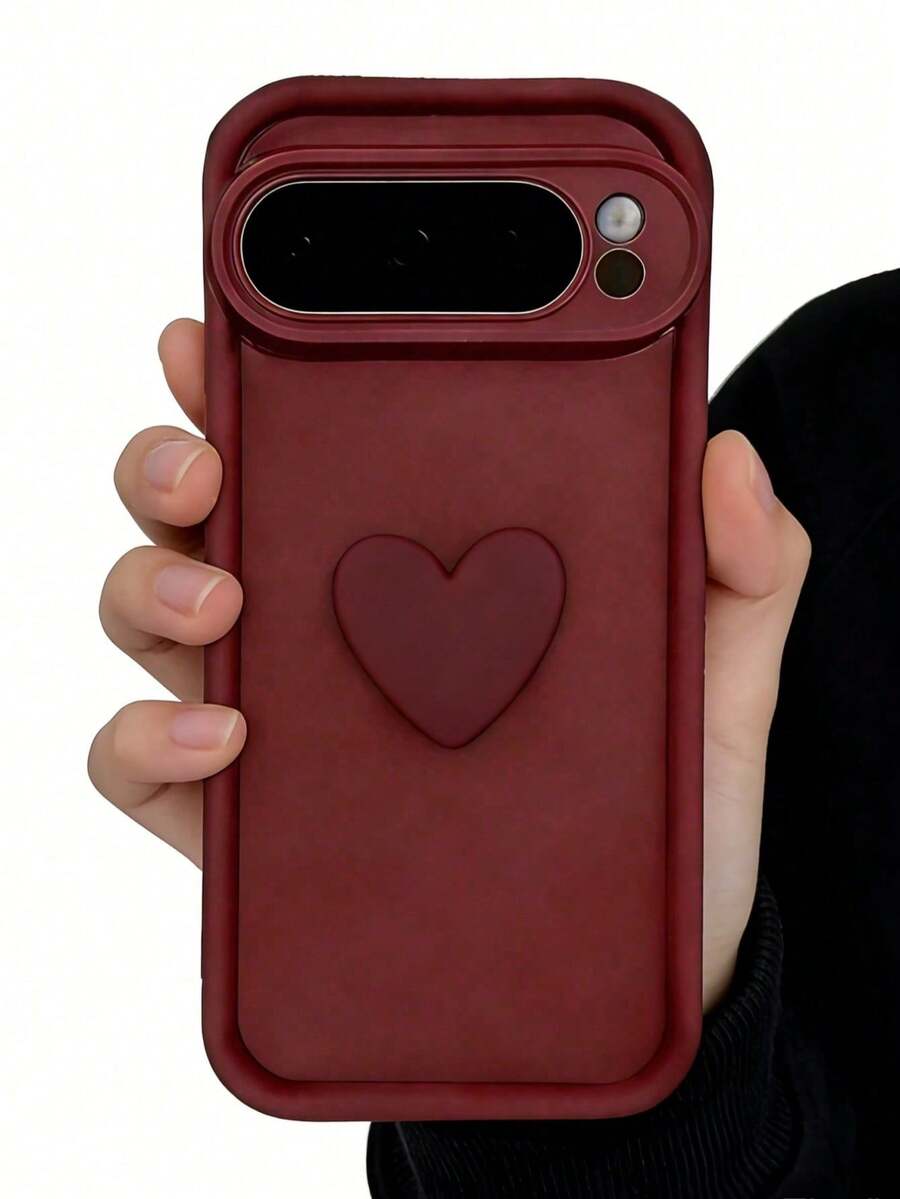 1pc Burgundy Matte Faux Silicone Phone Case With 3D Raised Heart Decor & Large Camera Opening, Shockproof Anti-Drop Extra Large Raised Camera Window Protective Cover, Minimalist Sweet Women & Teen Phone Accessory, Suitable For Daily Commute, Dating And Travel, Compatible With Google All Series Phone Cases - Burgundy - View 1