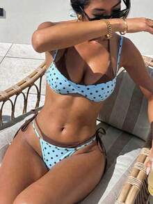 Women's Retro Polka Dot & Pork Chop Print Sexy Bikini Set, Light Blue & Brown Polka Dot Asymmetric A-Line Sleeveless Short Bikini, Suitable For Winter, Outings, Birthday, Casual, Millennium, Western Style, Nightclub, Beach Vacation Summer - 淺藍色 - 查看 13