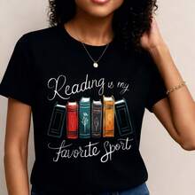 Camiseta gráfica para mujer 'La lectura es mi favorita' - Camiseta casual de manga corta, negra con diseño de libro colorido, suave y cómoda, perfecta para uso casual, camiseta con temática de libros- 1pcs, 180Gsm, 100% Cotton - Negro - Ver 2