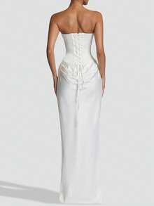 Maggie 女士性感无肩带修身长款连衣裙，夏季垂褶长裙，白色蕾丝系带露背优雅生日晚宴鸡尾酒会礼服 - 白色 - 查看 7