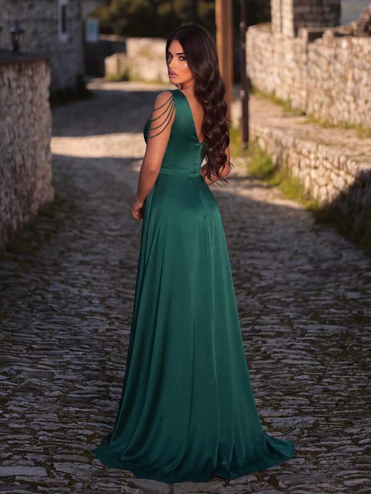 Faeriesty Vestido de Festa Elegante de Decote em V Profundo: Vestido Estilo Sereia com Alça de Corrente, Design de Fenda Alta, Adequado para Casamentos e Ocasiões Formais - Verde Escuro - Visão 2
