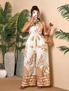 BIUBIU Plus Size Women's Tropical Leaf Print Sleeveless Jumpsuit With Belt, Elegant Loose Linen Blend Jumpsuit, Holiday Outfit, Women's Festival Clothing - Apricot Coffee - View 6