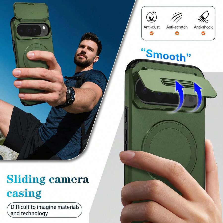 1pc Mecha Protective Phone Case With Hidden Stand And Camera Guard, Suitable For Pixel 8 A 9PRO 10 PROXL - Green - View 1