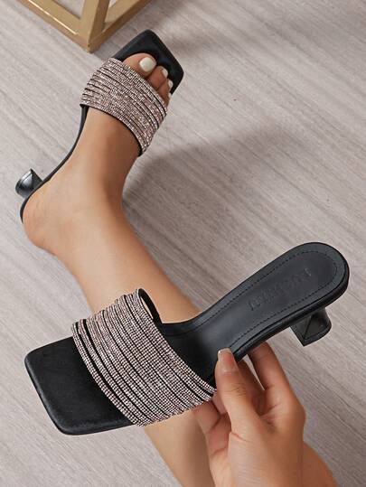 Women's Black High Heel Sandals, Kitten Heel Slip-On Sandals With One-Strap, Minimalist Design, 5cm Stiletto Heel, Sparkling Rhinestone Decor, Comfortable And Fashionable