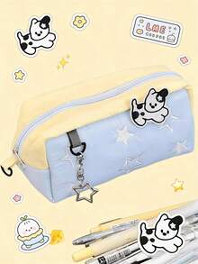 (Free Star Pendant) 1pc Cute Star Embroidery Pencil Case With Dog Patch - Aesthetic Large Capacity Pen Pouch With Star Keychain, Kawaii School Supplies For Teen Girls, Back To School Gift - 1 Blue Pencil Case - Comes With a Star Keychain - View 4