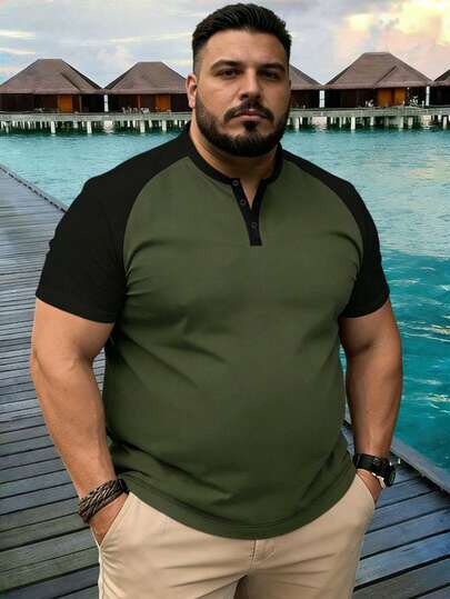 AnChiStreetwear - Plus Size Men's Casual Color Block Henley Shirt, Featuring Raglan Sleeves For A Fashionable Look. Suitable For Casual Wear, Light Sports, Can Be Worn Alone Or As A Base Layer, Ideal For Commuting, Traveling And More.