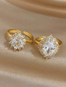 18K Gold Plated Anti-Fading Elliptical Flower Zirconia Ring Set,Women's Ring Set,For Women,Party,Daily,Birthday/Halloween/Christmas Gifts,Boho/Y2K - Multicolor - View 2