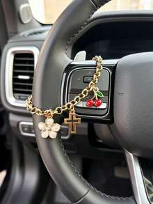 1pc Sweet Cherry Blossom Alloy Flower Cross Decor Chain, Car Steering Wheel Interior Decoration - A - View 8