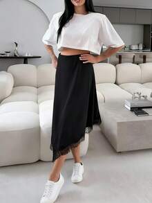 新款春夏女士优雅撞色蕾丝A字裙，优美花卉蕾丝裙摆 - 黑色 - 查看 8