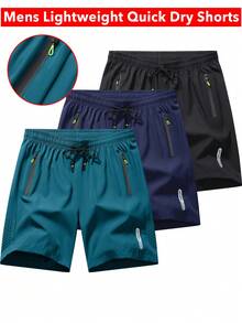 3-Pack Of Men's Stylish Athletic Shorts With Black Drawstring Design And Zippered Pockets, Perfect For Summer Workouts And Outdoor Activities - 藍色+藏青色+黑色 - 查看 2