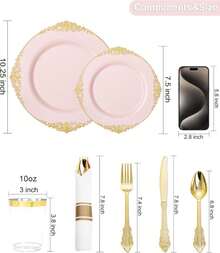Nervure 700PCS Pink Gold Plastic Plates - Pink Plastic Dinnerware Sets For 100 Guests - 200 Disposable Plates, 300 Silverware, 100 Cups, 100 Napkins For Wedding, Birthday &Amp; Party - Pink - View 3
