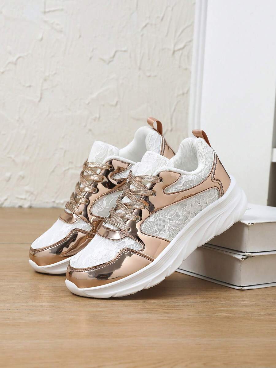 Women's Breathable Sneakers, Thick Sole Cushioned Insole, Low-Top Sports Shoes Suitable For Fitness, Travel, Casual Wear - Lace-Up Closure, Casual Mesh Trainers - Gold - View 1
