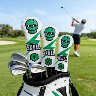 1pc Multi-Size Green Skull & Lightning Golf Club Head Cover, Waterproof PU Leather Anti-Scratch Shaft Protector, Golf Course Accessory