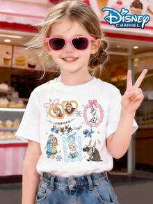 Disney Frozen Is Soft, Cute And Adorable, With Ice And Snow Themed Outfits Print Pattern Summer Tops,Short-Sleeved Casual And Cute Style  Children's Clothing Design, Girl Clothes For Kids ,Ropa Para Niños,Girl Clothes For Kids,Graphic Tee, Summer Clothes,Perfect For Cool Girls. Comfortable And Breathable Children's Short-Sleeved T-Shirt. Comfortable And Casual Wear All Year Round 180g Pure Cotton Children's Clothes,Comfortable & Lightweight, Iconic Print For Mix-And-Match Outfits,Suitable For Both Boys And Girls. - White - View 3