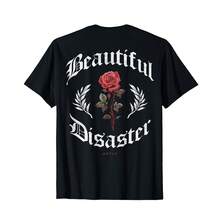 Vintage Red Rose "Beautiful Disaster" T-Shirt, Laurel Wreath Back Print For Men & Women - Black - View 1