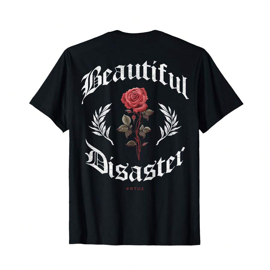 Vintage Red Rose "Beautiful Disaster" T-Shirt, Laurel Wreath Back Print For Men & Women - Black - View 1