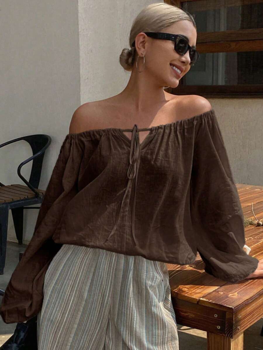 女士轻薄露肩系带装饰主教袖衬衫，白色长袖涤纶上衣，纯色打结不对称/不规则休闲款 - 棕色 - 查看 1