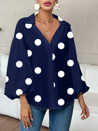 Plus Size Women's Polka Dot Print Elegant Long Sleeve Blouse, V-Neck Lantern Sleeve Loose Top, Casual Summer Vacation Style [Random Print] Spring
