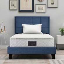 Upholstered Bed With Its Upholstered Headboard, Single Bed With Slatted Base, 90x200cm, In Blue Linen, Medium Firm (With Spring Mattress) - Blue - View 1