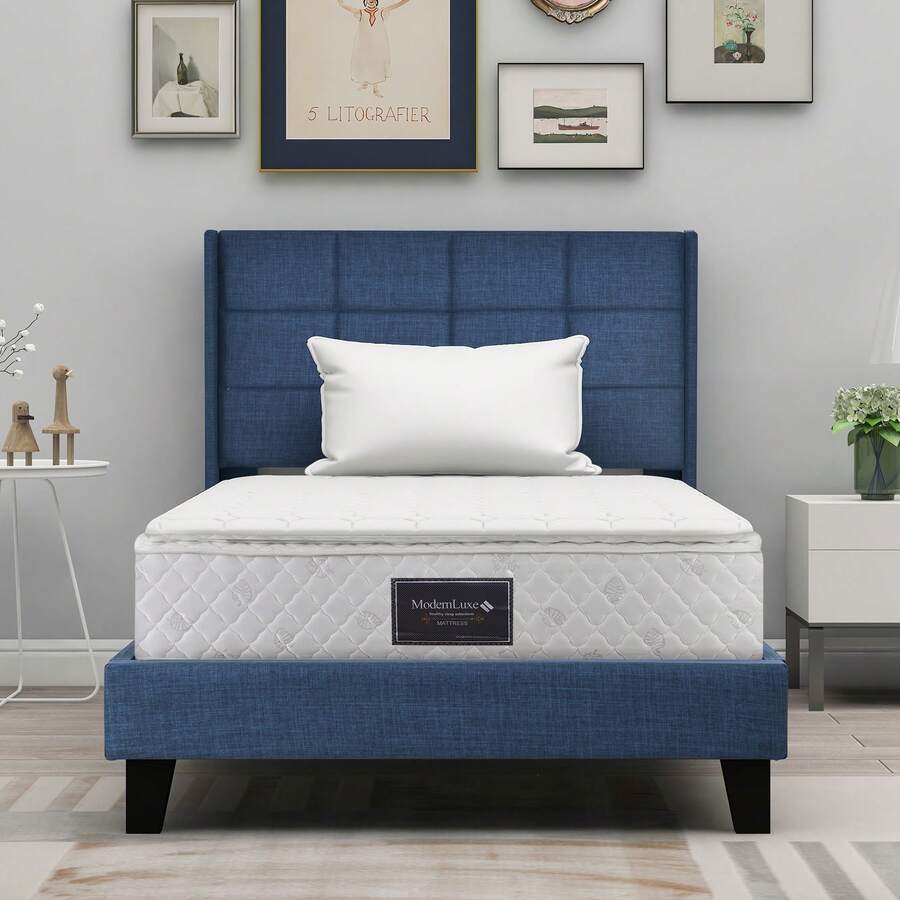 Upholstered Bed With Its Upholstered Headboard, Single Bed With Slatted Base, 90x200cm, In Blue Linen, Medium Firm (With Spring Mattress) - Blue - View 1
