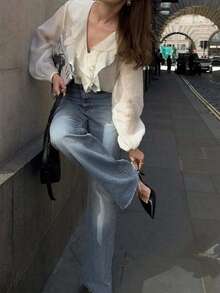 DEEKA 女士纯色层叠荷叶边衬衫，春夏新品 - 米色 - 查看 2