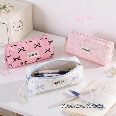 1pc Cute Bow Pen Bag High Beauty Color Blocked Stationery Bag, Pink And Blue Bow Pen Bag, YOUCHENGYOUPIN, Student Stationery Storage Bag, Large Capacity Portable, Cute Girl Stationery Bag, Desktop Storage Bag, Student Stationery Storage, Essential Stationery Bag For Returning To School, Desktop Storage Bag