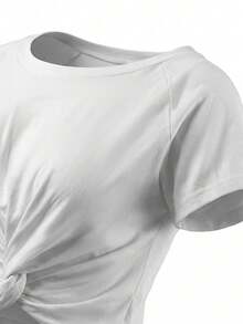 White Twist Knot Crew Neck Short Sleeve T-Shirt For Women, Summer Sexy Slim Fit Cropped Versatile Top - White - View 10
