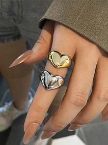 2pcs Fashionable Personalized Smooth Zinc Alloy Heart Open Ring For Women, Suitable For Daily Wear, Party, Summer Jewelry Gift - Multicolor - View 3