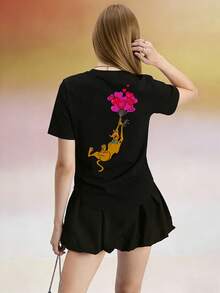 Elourie SHEIN X SCOOBY-DOO Damen-T-Shirt mit Rundhalsausschnitt, kurzen Ärmeln und lockerer Passform, einfarbig, aus 100 % Baumwolle. Das schwarze T-Shirt mit lustigem Cartoon-Welpen- und Herzballon-Print ist perfekt für Frühling/Sommer, Streetwear, Urlaub, Freizeit, Büro/Lounge/Zuhause/Outdoor-Sport, Retro-Stil, schlichtes, verspieltes Design, ganzjährig tragbar, mit Film- und Anime-Motiven, für Teenager, Unisex, Partnerlook, Retro-80er-Jahre-Filme, Retro-90er/Y2K, Feiertage. - Schwarz - Übersicht 4