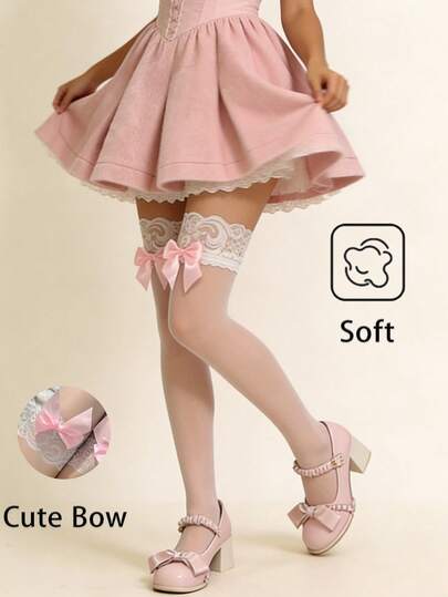 1 Pair Pink Lace Thigh High Socks With Bowknot Decor, Sheer Soft Kawaii Lolita Style, Cute Aesthetic For Daily & Lolita Outfits