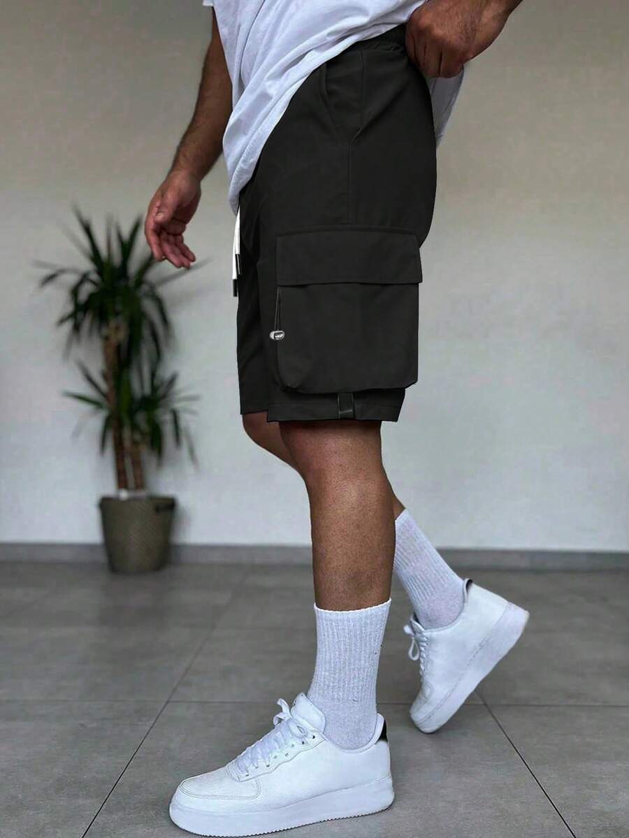 Men's Cool Multi-Pocket Design With Drawstring Accent, Straight Leg Flattering Cargo Shorts,Bermuda Shorts - Black - View 1