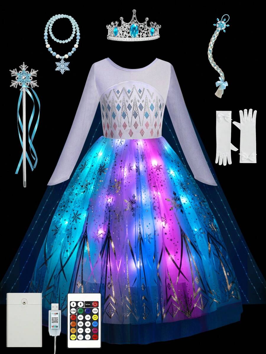 Princess Costume For Girls, LED Light Up Princess Dress, Toddler Princess Dress Up Halloween Costume, Syncs Music App Control Cosplay Costume - trắng - Xem 1