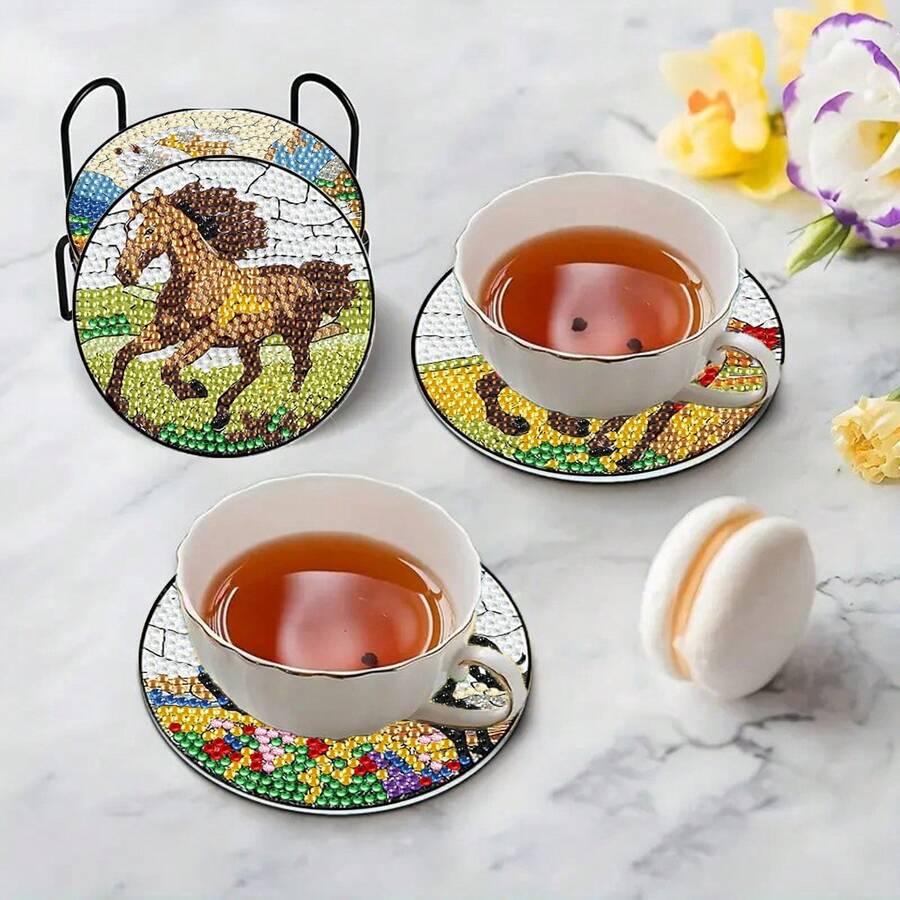 8pcs Set Equestrian Horse Diamond Painting Coasters With Holder, Vibrant Galloping Horse Pattern Cup Mats, Unique Handmade Gift For Housewarming & Horse Fans - Sets - View 1