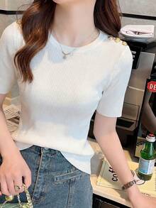 Elegant Women's Metal Buckle Shoulder Short Sleeve Knit Top, Summer Fitted Design Top - White - View 4