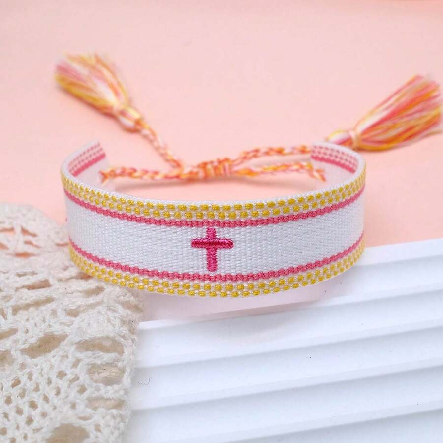 1pc Embroidered Cross Boho Handmade Woven Tassel Bracelet - Multicolor - View 1