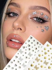 1pc/2pcs Gold & Silver Heart Butterfly Round Clip-On Fake Nose Stud, With Self-Adhesive Rhinestone, Non-Piercing, 3-6mm, Comes With Glitter Butterfly, DIY Design, Body Jewelry, Face Sticker Suitable For Eyebrows, Lips - Gold - View 1