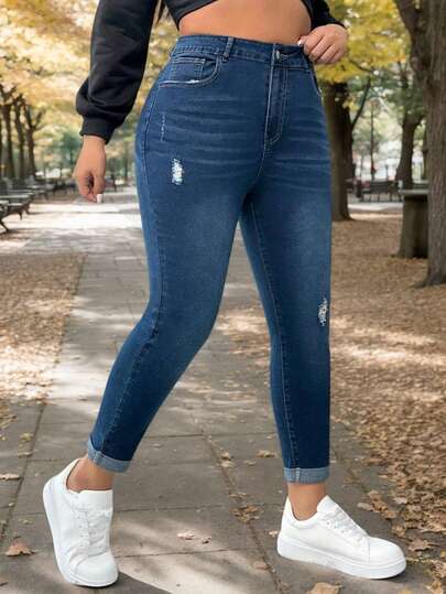Jeans para mujer con roturas y dobladillo enrollado en talla grande, pantalones vaqueros ajustados con efecto lavado, Jeans ajustados elásticos con curvy