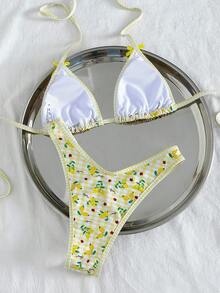 女士格子碎花挂脖比基尼套装，柠檬格子印花露背泳衣，饰有蝴蝶结，透气高弹面料，休闲沙滩泳装，适合海滩、音乐节、情人节、夏季假期等场合。 - 彩色 - 查看 5