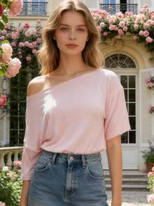 Women's Off-Shoulder Tops  Fitted Waist Ruched Short Sleeve Shirts For Going Out Tops Streetwear - Pink - View 7